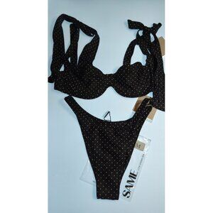 SAME Los Angeles Lady Bra Polka Dot Bikini Set M NWT 90s Bottom Black Cream Sexy